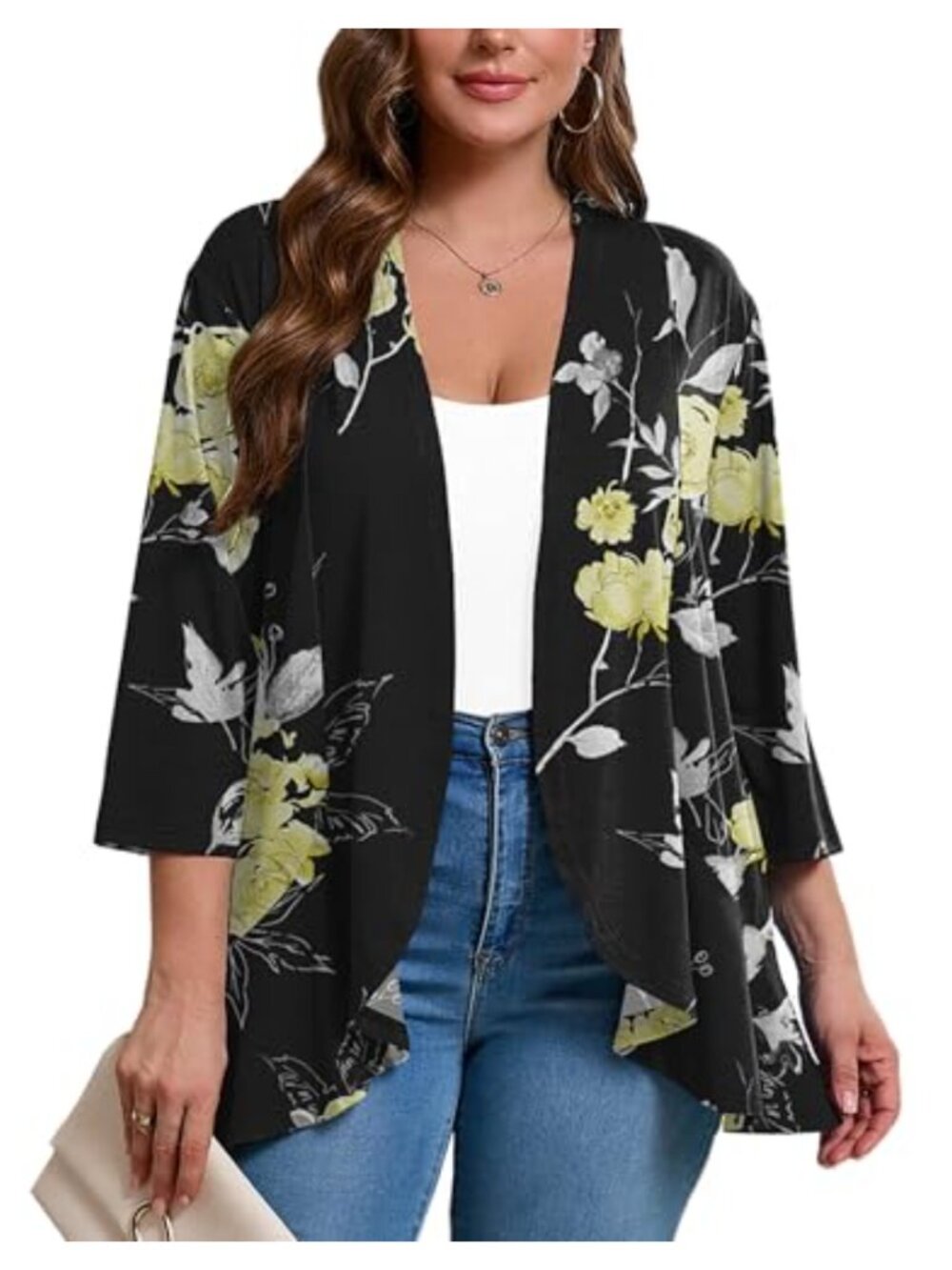 Plus Size Lightweight Open Front Cardigan 3/4 Sleeve Ruffled Asymmetrical Hem